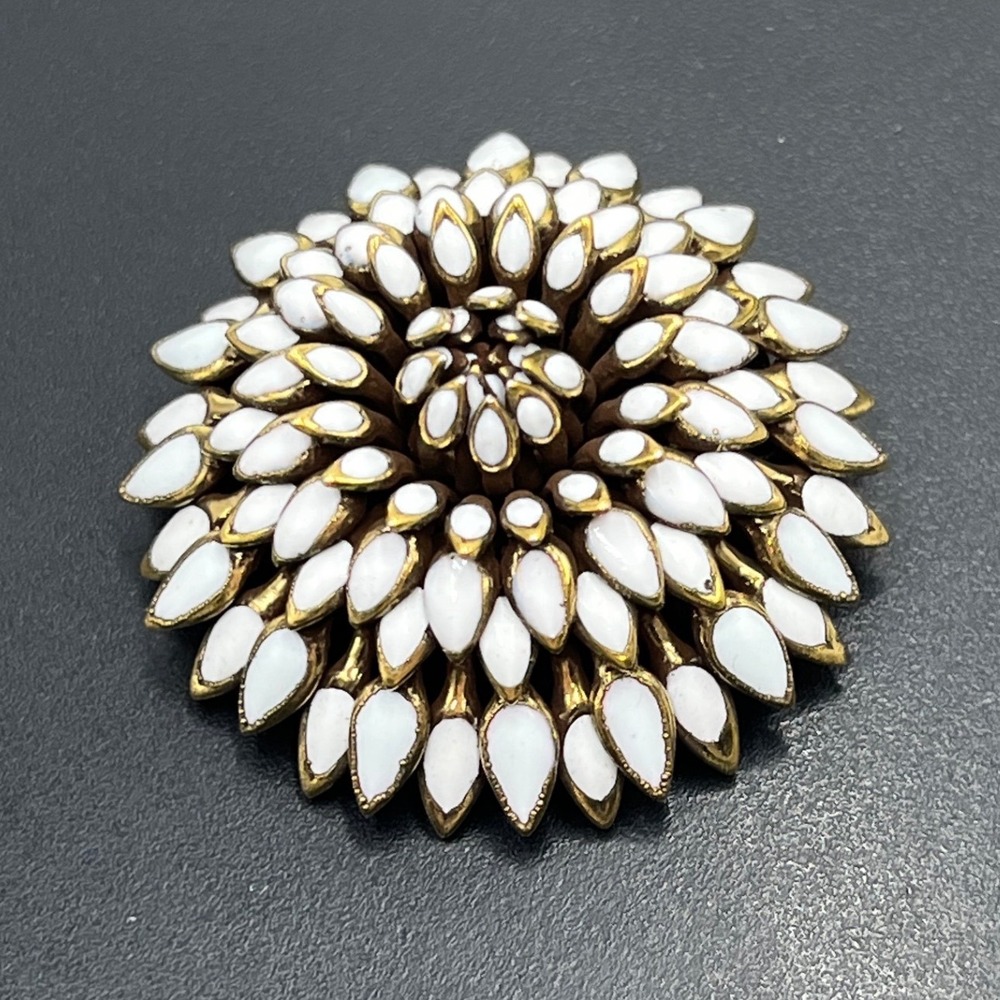 Vintage White Milk Glass Petals Starburst Stacked Domed Marquise Flower Brooch